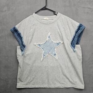 BiBi Denim Star Patch Sweatshirt Top Grey Frayed Sleeves Casual Boho Size XL